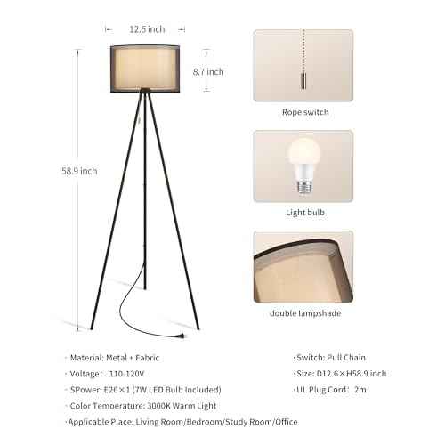 KDG Modern Floor Lamp - Tall Tripod Lamp for Living Room, Bedroom, Office; Fabric Shade, LED Bulb, Warm Light (Black)