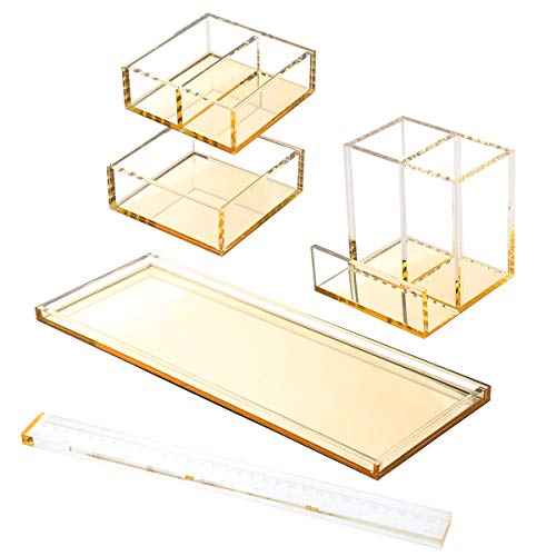 Acrylic Desk Organizer 4-Piece Desk Kit + Free Complimentary Acrylic Ruler, Desktop Organization for Office or Home (Gold)