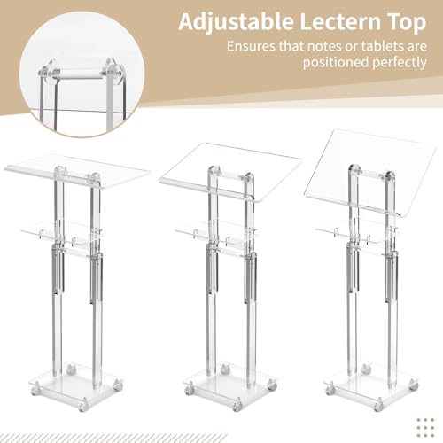 Joyoolife Adjustable Acrylic Podium Stand with Wheels, Tilt Top & Shelf (37.8-47.2 in)