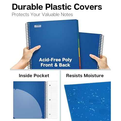 Dunwell 5-Subject Spiral Notebook, College Ruled (Blue), Colorful Movable Pocket Dividers with Tabs, Front/Back Plastic Covers, 200 Sheets (400 Pages) of 3-Hole Punch Perforated 8.5x11 Paper