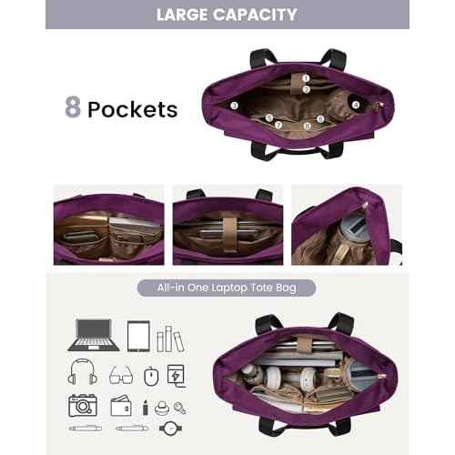 LOVEVOOK Upgrade Version Work Bags for Women 15.6 Inch Laptop Bag Large Capacity Mutiple Pockets Teacher Bag Water Resistant Canvas Tote Bag Purse for Office Travel Nurse Teacher, Dark Purple-Black