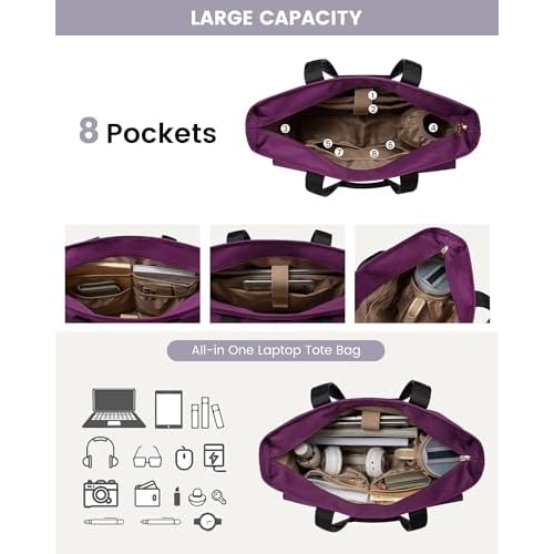 LOVEVOOK Laptop Bag for Women 15.6 Inch Canvas Laptop Large Capacity Work Bags Mutiple Pockets Teacher Bag Water Resistant Computer Bags for Business Travel Nurse, Dark Purple-Black