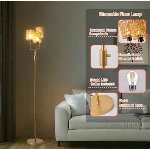 Rattan Gold Floor Lamp for Living Room, Boho Farmhouse Floor Lamps Dimmable with Elegant Wicker Shade and 3 LED Bulbs, Modern Torch Standing Lamp for Bedroom Office