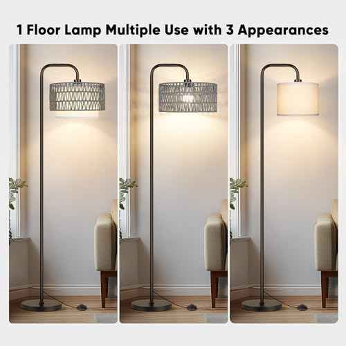 PARTPHONER 68¡®¡¯Floor Lamp for Living Room, Tall Standing Lamp with Remote 3 Color Temperatures Dimmable Bulb, Gray Rattan and Fabric Dual Shades