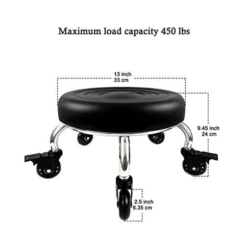 Rolling Stools with Wheels Heavy Duty 450LB VAPAA TAIDE Waterproof PU Leather High Weight Capacity Roller Seat and Crystal Universal Wheels for Men Women Boy Girl Garage Salon Home Office Black