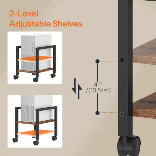 HOOBRO Rustic Brown + Black Computer Tower Stand Under Desk, Adjustable 6.7-10.8 in, Rolls on Casters