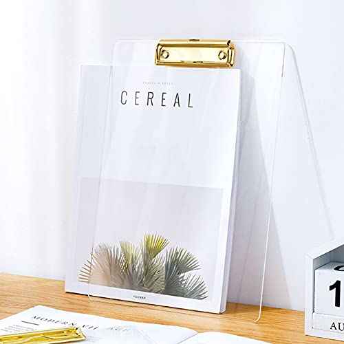 Moocci Thick Acrylic Clear Clipboards Cute Transparent Bulk Gold Clipboard with Strong Clip and Hidden Hanging Hole for A4 Paper, Art Student, Drawing, Office, School, Warehouse, Classroom, 9PC