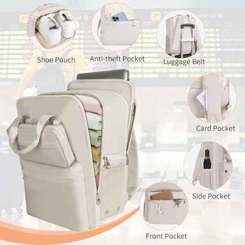BERTASCHE Travel Backpack for Women with 15.6 inch Laptop Sleeve, 35L Carry On Backpack Flight Approved, Personal Item Travel Bag for Work Business Trip Weekender Expandable Casual Daypack, Beige