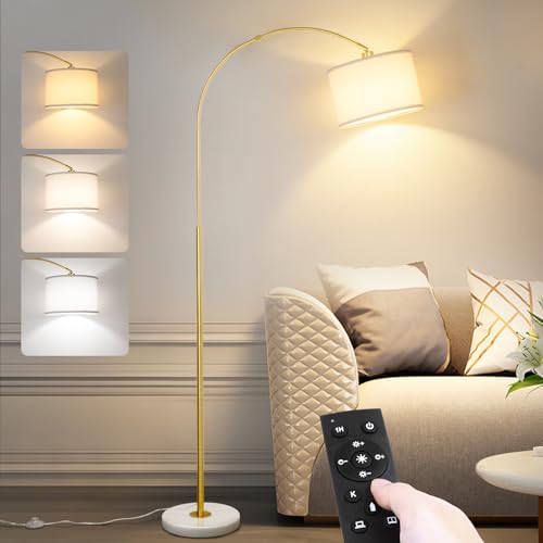 Arc Floor Lamp with Remote, Modern Standing Lamp for Living Room with Stepless Dimmable Bulb, Drum Shade, Foot Switch, Tall Floor Lamp for Farmhouse Bedroom Night Stand (Gold)
