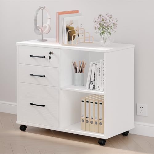 3 Drawer File Cabinets, Mobile Lateral Printer Stand with Open Shelf, Rolling Filing Cabinet with Wheels Home Office Organization and Storage (White)