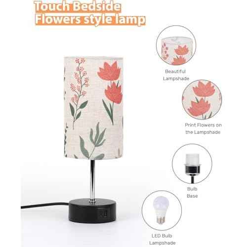 Touch Bedside Table Lamp, 2 USB Ports, 3-Way Dimmable Bedside Lamp for Bedroom, Nightstand Lamp with Round Flower Fabric Shade for Living Room, Home Office