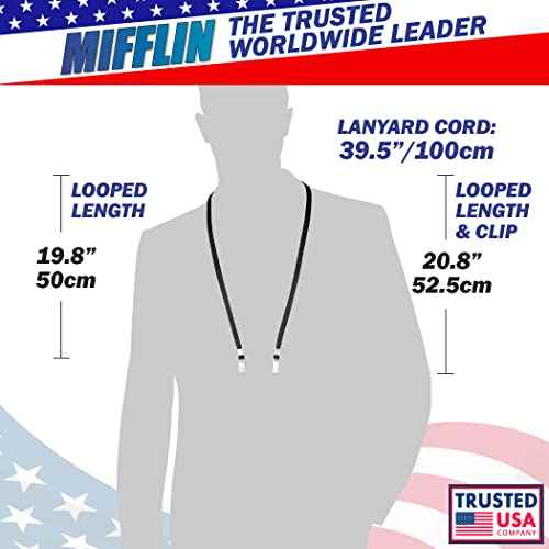 MIFFLIN-USA - Bulk Flat Lanyards w/Two Bulldog Clips - 39 Inch, Black, 100 PK - Comfortable Neck Straps for ID Badges + Convenient Hooks for Face Mask & Card Holders