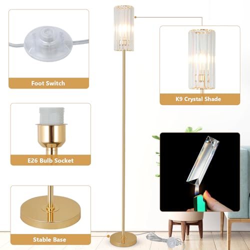 HMVPL Gold Floor Lamp for Living Room, Brass Pole Standing Lamp with K9 Crystal Shade, Modern Corner Standing Lamp for Bedroom with On/Off Switch, Elegant Crystal Tall Lamp for Office Kids Girls Room
