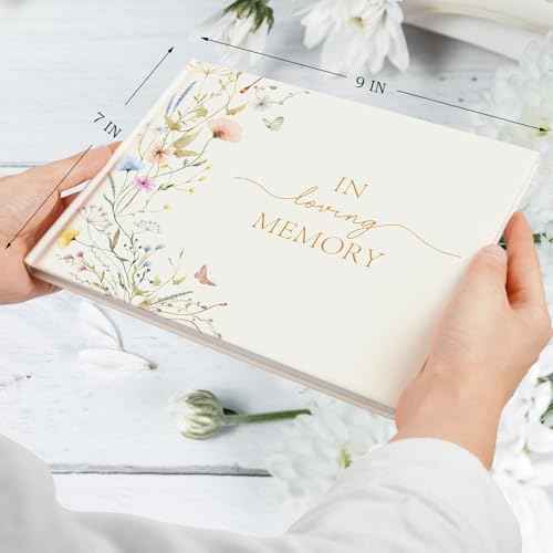 Hunanyume Funeral Guest Book for Memorial Service, in Loving Memory Guest Book with Gold Pen Please Sign Table Card, Wild Floral Funeral Sign in Book for Guests (7" x 9")