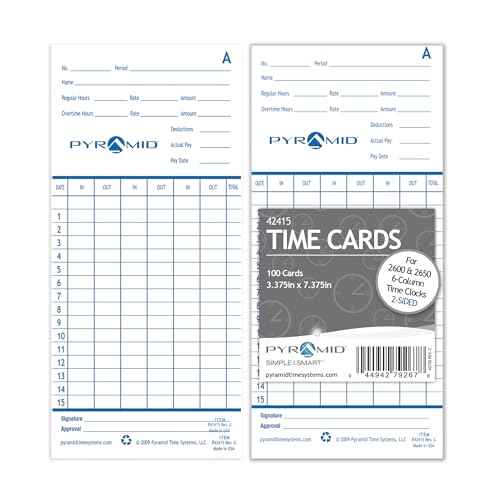 Pyramid Time Systems - Authentic Time Cards (42415) for Pyramid Models 2500, 2500K1, 2600 and 2650 Aligning Time Clocks, Double Sided Time Sheets (3.38 x 7.44 in) - 100 Time Cards - Blue/Green
