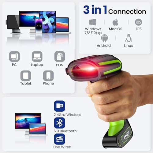 Eyoyo Green Industrial 2D QR Barcode Scanner with Wireless Charging Stand