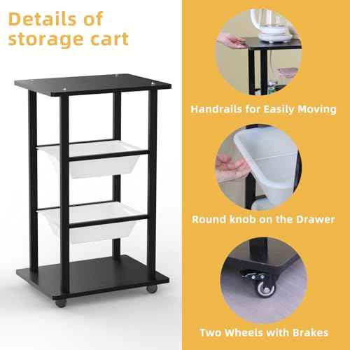 Rolling Storage Carts with Wheels, Heavy Duty Rolling Service Cart, 4-Tier Restaurant Food Cart with Hammer for Office, Warehouse, Garage (Black)