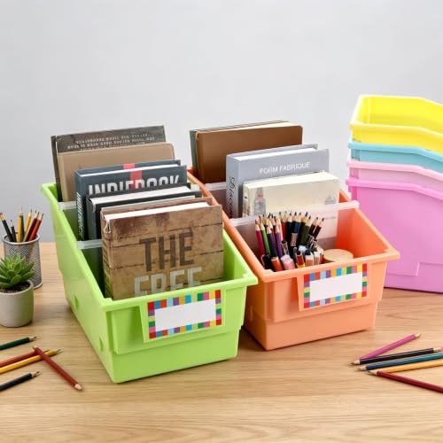 Candy Color 6 Pack Classroom Book Bins with Dividers & Labels – Storage Organizer