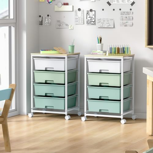 Utility Cart with 4 Drawers,Rolling Storage Cart with Drawers,Storage Rolling Drawer Cart with Wooden Tabletop for Bedroom,Kid's Room,Dorm,Classroom,Office,Green