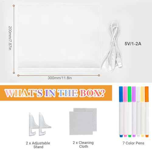 LED Note Board with 7 Colors, 11.8"x7.9" Acrylic Dry Erase Board with Light, 4 Modes Led Drawing Writing Board for Kids with 7 Marker Pen, Light up Message Board with Stand, Glow Rewritable Memo Board
