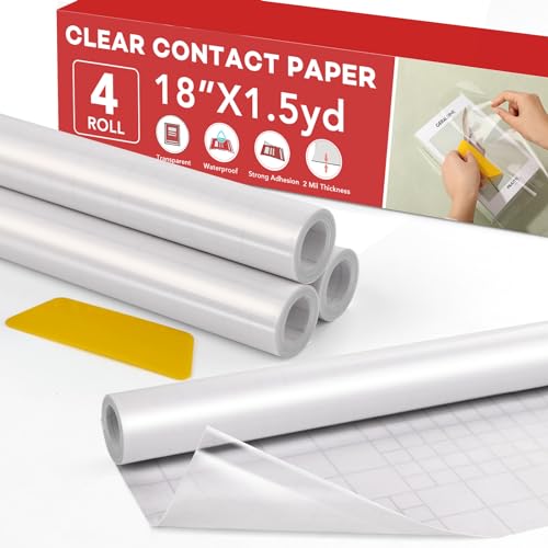 ZENOWICK 4 Rolls Clear Contact Paper for Book Covers, Self-Adhesive, 18" x 4.5 ft (Variation: 4 Rolls / 18"x1.5Yard)