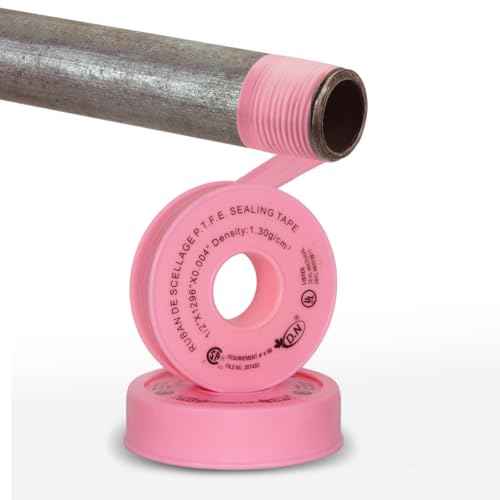 10 Rolls 1296" (Four Times Longer) Pink Plumbers Teflon Tape, Gas Line Pipe Thread Tape, High Density (1.3 g/cm3) Propane Sealant Tape (1/2" x 1296")