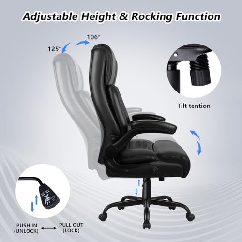 VENDORZ Big & Tall 400 Lb Ergonomic Office Chair with Flip-Up Armrests, Lumbar Support, PU Leather, Black