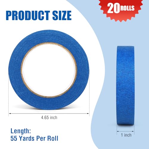 20 Rolls Blue Painters Tape Bulk Pack, Painter's Tape 1-inch ¡¿ 55 yards, Multi-Surface Residue-Free Blue Masking Tape for Wall Painting, Artwork, Automotive and Packaging Labelling, Total 1100 Yards
