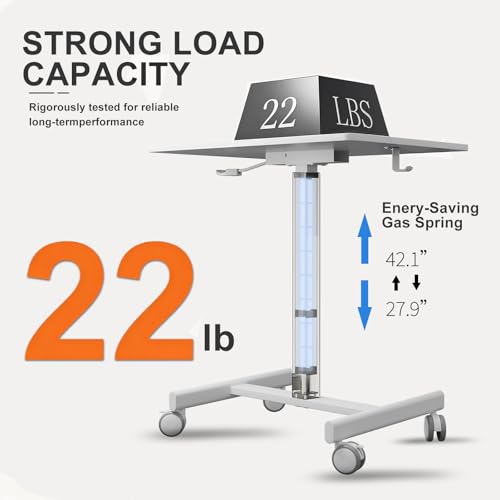 Gamork Mobile Standing Desk on Wheels, Pneumatic Height Adjustable – White