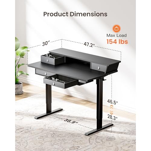 ErGear Electric Standing Desk with 4 Drawers, 48" x 30" Height Adjustable Desk with Storage, C-Clamp Mount Compatible, Computer Home Office Table with Cable Management Tray, Black