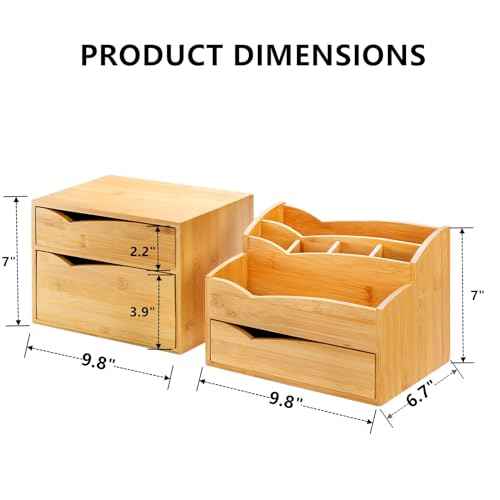 Yopay 2 Pack Bamboo Desk Organizer, Stackable Desktop Organizers with 3 Drawers, Bamboo Office Tabletop, Countertop Organization for Stationery, Makeup Vanity, Fully Assembled