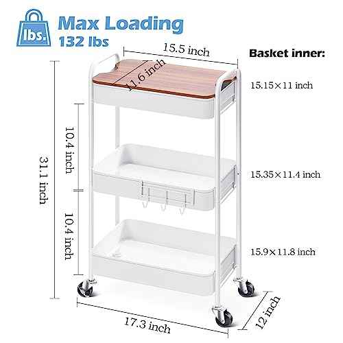 TOOLF 3-Tier Rolling Cart with Table Top, Metal Storage Cart on Wheels, Utility Organizer with Wooden Tray, Lockable Casters, Easy Assembly for Bathroom, Living Room, Office, Kitchen, White