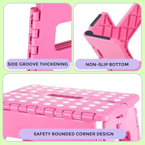 Pink Kids 9-Inch Folding Step Stool - Supports 300lbs for Toddlers & Children