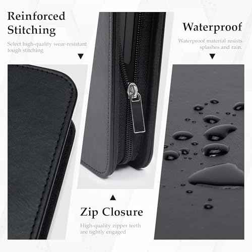 EYROZILL Zipper Portfolio Binder, 3 Ring Leather Binders 1-Inch Capacity for 8.5x11, with Document Pockets, Card Slots & Phone Holder (Black)