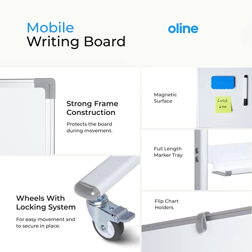 Oline Mobile Whiteboard 48x36 Inch Reversible Magnetic Dry Erase Board with Height Adjustment and Wheels - White & Silver