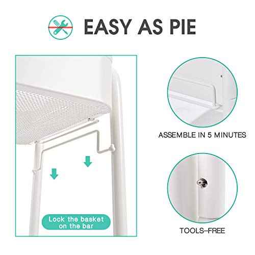 TOOLF 3-Tier Metal Rolling Cart with Wheels, Storage Utility Organizer Cart for Kitchen, Bathroom, Office, Baby Essentials & Makeup - Lockable Casters, Easy Assembly, Large Capacity, White