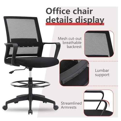 Drafting Chair Tall Office Chair Adjustable Swivel Rolling Mesh Height with Lumbar Support Arms Footrest Mid Back for Adults Standing Desk Drafting Stool (Black)