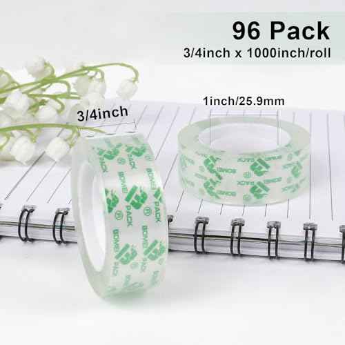 BOMEI PACK 96Rolls Crystal Clear Tape Refills for Dispenser, Bulk Transparent Office Tape for Home and School, 3/4Inch x 1000 inch