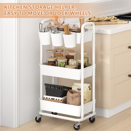 3-Tier White Plastic Rolling Storage Cart with Lockable Wheels & Hanging Cups – 3-Tier Utility Cart