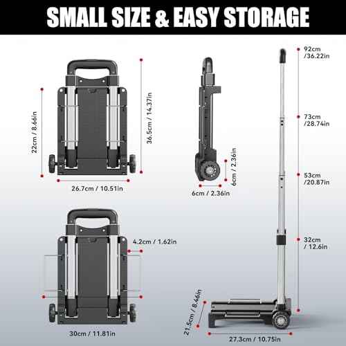 Mini Small Folding Hand Truck Dolly with 2 Tank Wheels, Expandable Base Plate Utility Luggage Cart with 1 Elastic Ropes, Portable Dolly Cart for School Travel Office Moving