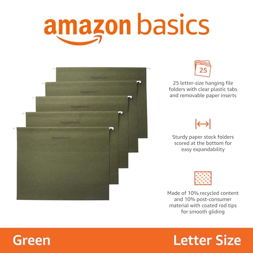 Amazon Basics Green Hanging File Folders with Adjustable Tabs - 25 Pack, Letter Size