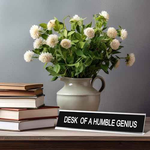 Menkxi Funny Desk Signs for Office, Novelty Nameplate Office Decor Black Desk Plaque for Women Men Coworker Gift Home Supply Accessories, 10 x 2 Inch(Desk of A Humble Genius)