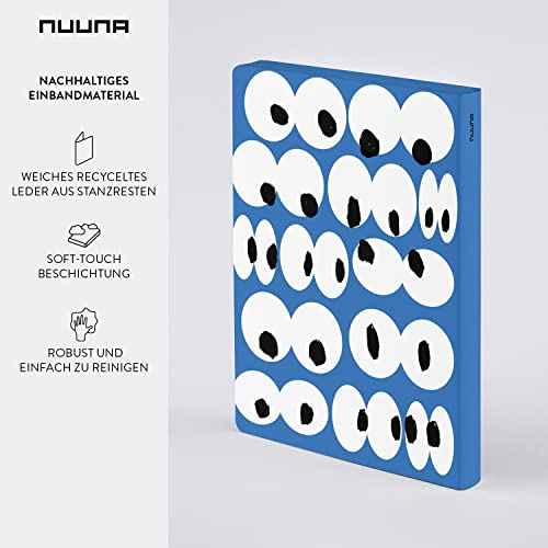 nuuna Notebook A5+ | Graphic L - Eyes On You | 3.5 mm Dot Grid | 256 Numbered Pages | 120 g Premium Paper | Blue Leather | Sustainably Produced in Germany