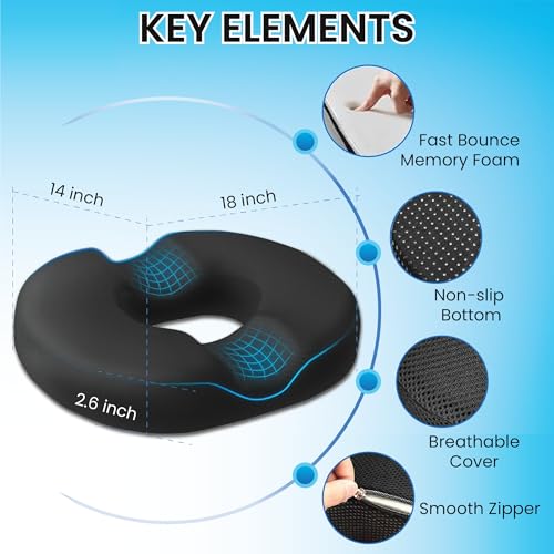 Donut Seat Cushion - Memory Foam Hemorrhoid & Tailbone Relief, Sciatica, Postpartum Recovery, Coccyx, Promotes healthly Circulation