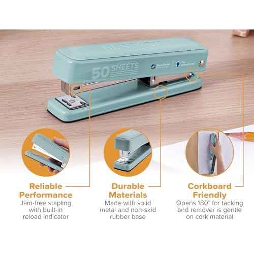 Bostitch Titan Heavy Duty Metal Stapler, 50 Sheet Capacity with 1250 Staples and Ergonomic Staple Remover, Jam Free Stapling, Full Strip Stapler for Desk, Office and Classroom, Sage
