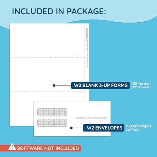 Blue Summit Blank W2 3 Up Tax Forms 2025, W2 Perforated Paper 100 Employee Sets, Ideal for E-Filing, Compatible with Quickbooks and Laser or Inkjet Printers, 100 Sheets and Self Seal Envelopes