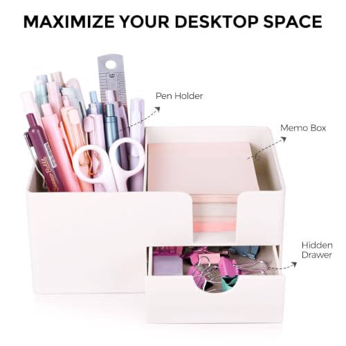 SKYDUE Beige Small Desk Organizer with Sticky Notes Holder, Pen Cup