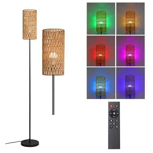 Floor Lamp for Living Room,Farmhouse Rattan Floor lamp,Modern Standing lamp with Hand-Worked Rattan Shade,RGB Bulb with Remote Controller