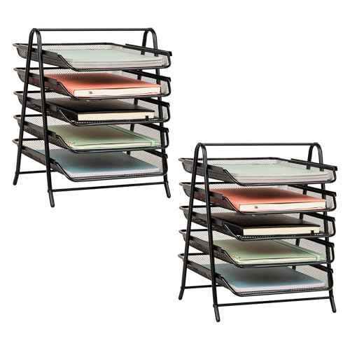 Mind Reader 5-Tier Paper Tray, Desktop Organizer, File Storage, Office, Metal Mesh, 11.75" L x 14" W x 15" H, Set of 2, Black