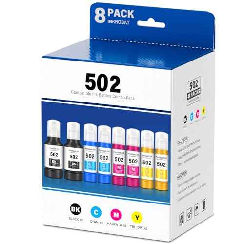 502 Ink Refill Bottles (NotSublimation) for Ecotank ET-4850 ET-3850 ET-2850 ET-3760 ET-2980 ET-2988 ET-4760 ET-2760 ET-15000 ET-2750 ET-3750 ET-3830 ET-4750 3950 4950 Printer, T502 Ink Combo 8 Packs